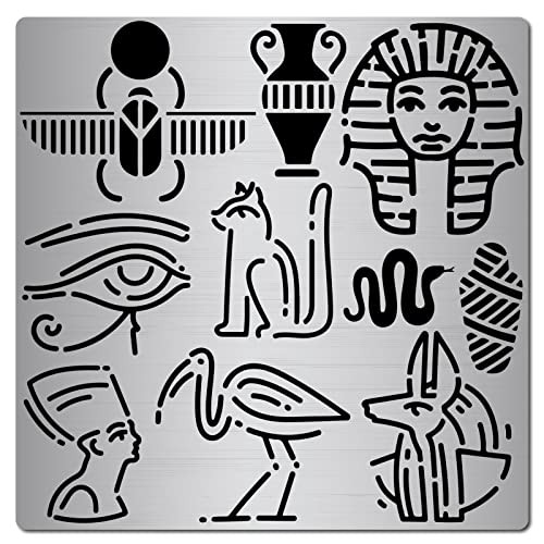 GORGECRAFT 6.3 Inch Metal Egypt Theme Symbol Stencil Animal Pattern Hieroglyphics Stencils Stainless Steel Reusable Template Journal Tool for Painting Wood Burning Pyrography Engraving