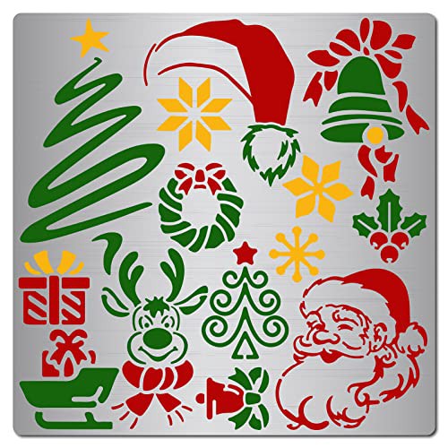 GORGECRAFT 6.3 Inch Christmas Themed Metal Stencil Engraving Stencils Santa Claus Bells Pattern Painting Template Journal Tool for Painting Wood Burning Pyrography and Engraving Wood and Patterns