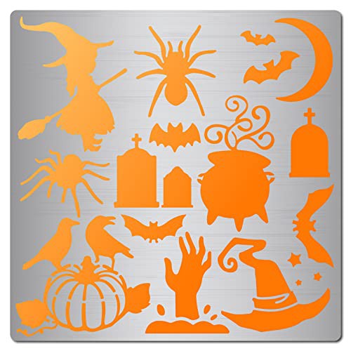 GORGECRAFT 6.3 Inch Halloween Metal Stencil Witch Spiders Bat Wizard hat Crow Pumpkin Pattern Painting Template Journal Tool for Painting Wood Burning Pyrography and Engraving DIY Scrapbooking