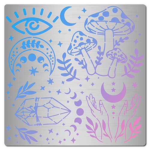 GORGECRAFT 6.3 Inch Mushroom Metal Stencil Eye Moon Phase Pattern Stainless Steel Cutting Stencil Template Journal Tool for Painting Wood Burning Pyrography and Engraving Home DIY Decoration Crafts