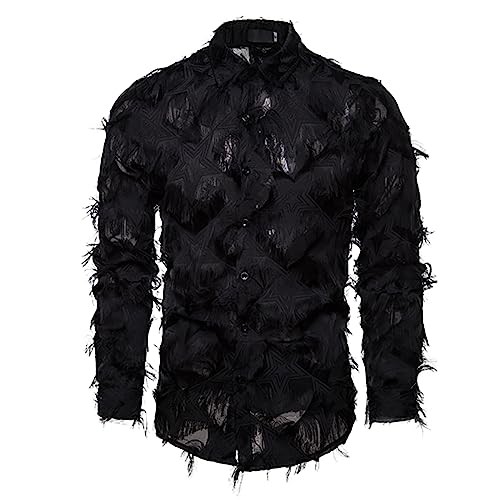 Men's Feather Shirt Fashionable Plain Long Sleeve Shirt Button Down Shirts for Club Performance Clothing for Men Fashion Streetwear Three-Dimensional Feather Shirts with Lapels