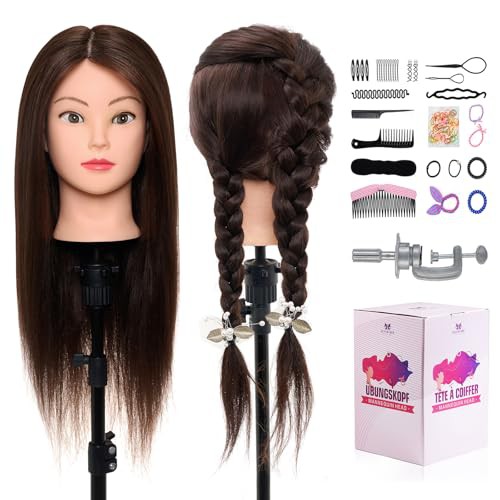 Neverland Hairdressing Head 50% Real Hair Training Head 22 Inch Cosmetology Mannequin Styling Dolls Head for Hairdressers Braiding/Styling/Cutting/Curling with Clamp and Braid Set
