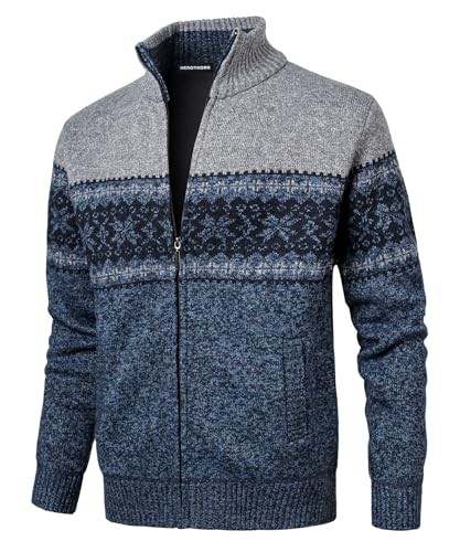 Herothorn Men's Chritmas Mode Cardigan Classic Full Zip Diamond Knitwear Fleece Lined Jumper Fine Knit Sweater Wiit Pockest for Autumn Winter