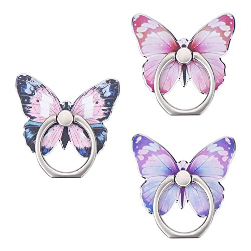 Cobee 3 Pcs Butterfly Cell Phone Ring Stand Holder, Cute Butterfly Pattern Painted Metal Finger Stand Kickstand 360°Rotation Phone Ring Holder Stand Ring Hand Grip with Knob Loop 