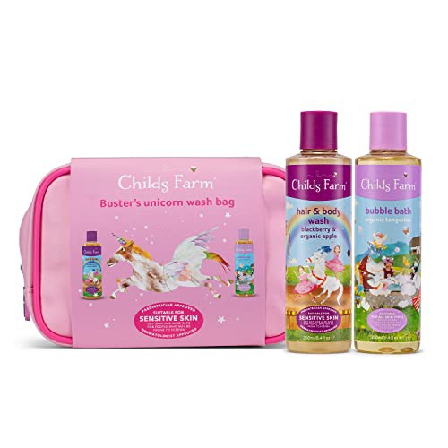 Childs Farm | Kids Unicorn Luxury Wash Bag Gift | Organic Tangerine Bubble Bath 250ml & Blackberry & Organic Apple Hair & Body Wash 250ml | Suitable for Dry, Sensitive & Eczema-prone Skin