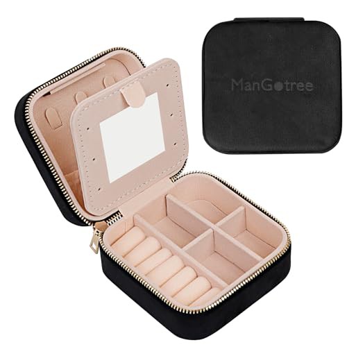 ManGotree Travel Jewelry Box, Velvet Jewelry Organizer Box with Mirror, Gift Idea for Women/Girls, Small Travel Jewelry Case for Earrings, Watches, Necklaces, Bracelets 