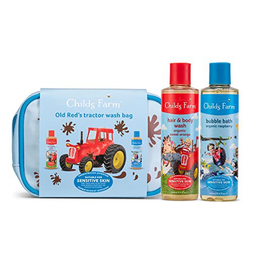 Childs Farm | Kids Tractor Luxury Wash Bag Gift | Organic Raspberry Bubble Bath 250ml & Sweet Orange Hair & Body Wash 250ml | Suitable for Dry, Sensitive & Eczema-prone Skin