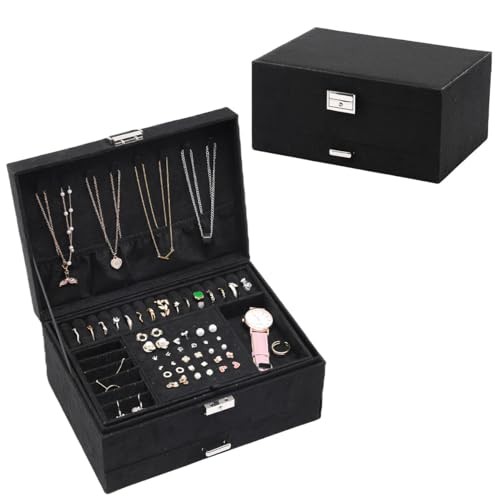 Terafeels Jewelry Box Organizer Functional Velvet Jewelry Storage Case for Women Ring Necklace Earring Bracelet Holder Travel Organiser with Lock Black 9.6x6.7, 51BK
