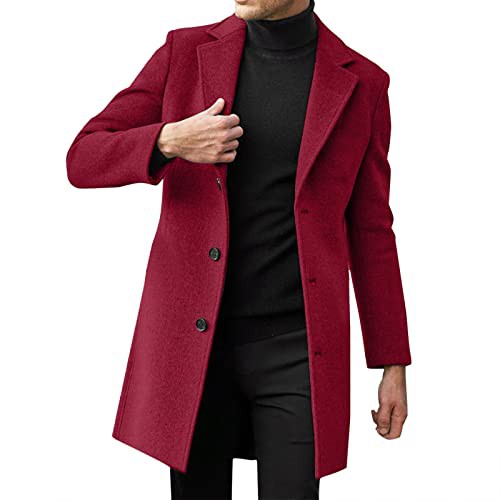 Gefomuofe Men's Wool Coat Winter Coat Wool Winter Medium Length Winter Coat Men's Long Slim Fit Wind Jacket Lapel Jacket Long Outerwear for Men Fashionable Slim Coat