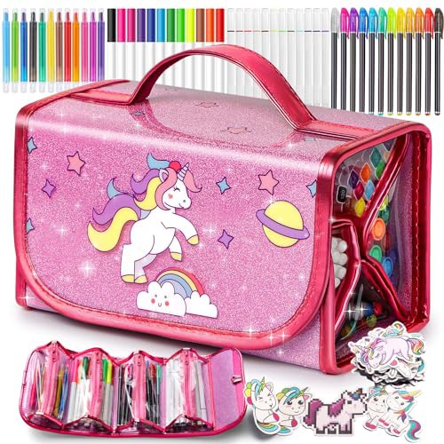 Hot Bee Christmas Unicorn Gifts for 3-7 Year Old Girls, Arts and Crafts for Kids, Fruit Scented Washable Markers Stationery Set, Travel Art Drawing Colouring Set for Girls