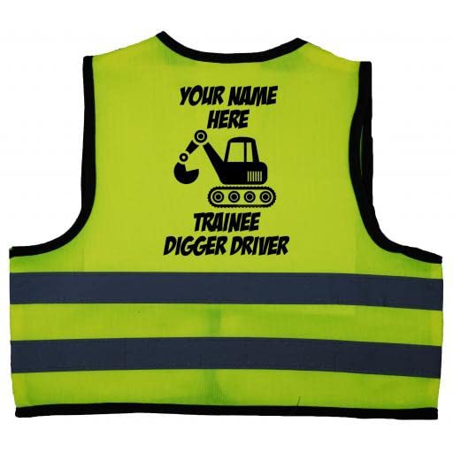 Acce Products Personalised Trainee Digger Driver Baby, Toddler, Children, Kids Hi Vis Safety Jacket Vest Size 0-12 Months Yellow Optional Wording On Front