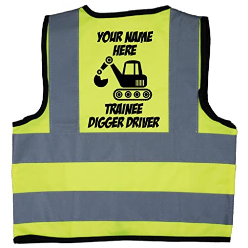 Acce Products Personalised Trainee Digger Driver Baby, Toddler, Children, Kids Hi Vis Safety Jacket Vest Size 4-6 Years Yellow Optional Personalised On Front