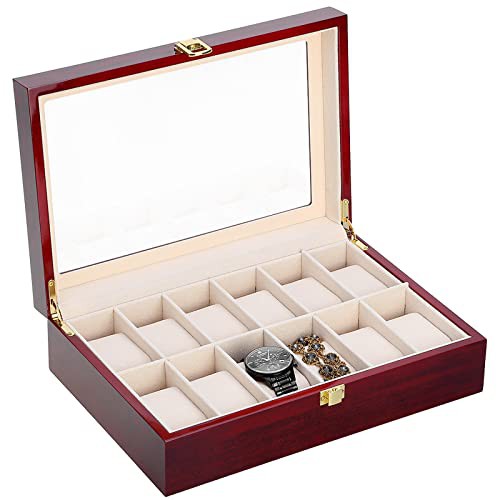 Uten Watch Box 12 Slots, Solid Wood Watch Case, Watch Display Storage Box with Glass Lid, Removable Watch Pillows, Metal Clasp, Claimond Veins Lining, Gift Idea for Men and Women