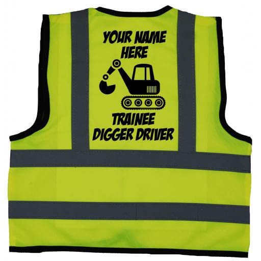 Acce Products Personalised Trainee Digger Driver Baby, Toddler, Children, Kids Hi Vis Safety Jacket Vest Size 1-2 Years Yellow Optional Text On Front