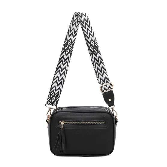 Fontanella Fashion Women's Tassel Front and Back Zip Messenger Camera Wide Guitar Strap Shoulder Handbag Crossbody Bag-BLACK