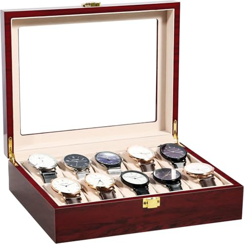 Uten Watch Box 10 Slots, Solid Wood Watch Case, Watch Display Storage Box with Glass Lid, Removable Watch Pillows, Metal Clasp, Claimond Veins Lining, Gift Idea for Men and Women