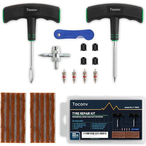 Toconv Tyre Repair Kit, 22pcs Compact Tyre Puncture Repair Kit with Rubber Plugs, Upgraded T-Handle, 4-Way Valve Tool, Flat Tyre Repair Tool for Cars, Motorcycles, Van, ATV, SUV