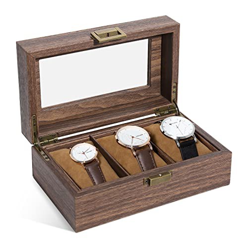 Uten Watch Box 3 Slots, Watch Case with Glass Lid, Wood Grain PU Leather Watch Display Storage Box with Removable Imitation Suede Watch Pillows, Metal Clasp, Gift Idea for Men and Women