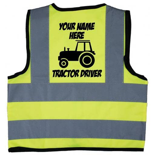 Acce Products Personalised Tractor Driver Baby, Toddler, Children, Kids Hi Vis Safety Jacket Vest Size 2-3 Years Yellow Optional Text On Front