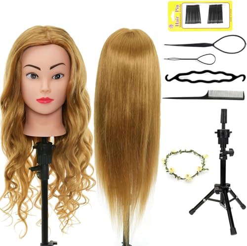 Neverland Beauty & Health 24" 60% Real Human Hair Mannequin Head Hairdressing Cosmetology Mannequin Manikin Training Training Head With Tripod Adjustable