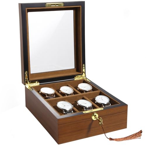 Uten Watch Box with 6 Slots, Watch Case Organizer with Golden Lock and Key, Wooden Watch Display Storage Box with Removable Watch Cushions, Velvet Lining, Metal Clasp, Gift for Men & Women