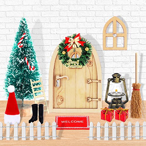 HOWAF 15 Pcs Christmas Ornaments Dollhouse Miniature Christmas Tree Mini Wooden Fairy Door Elf Door Window Christmas Wreath Broom Lamp Garden Tools for Xmas DIY Crafts Miniature Christmas Decorations