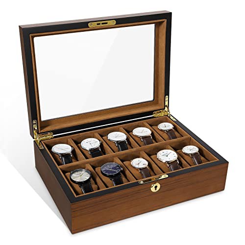 Uten Watch Box with 10 Slots, Watch Case Organizer with Golden Lock and Key, Wooden Watch Display Storage Box with Removable Watch Cushions, Velvet Lining, Metal Clasp, Gift for Men & Women