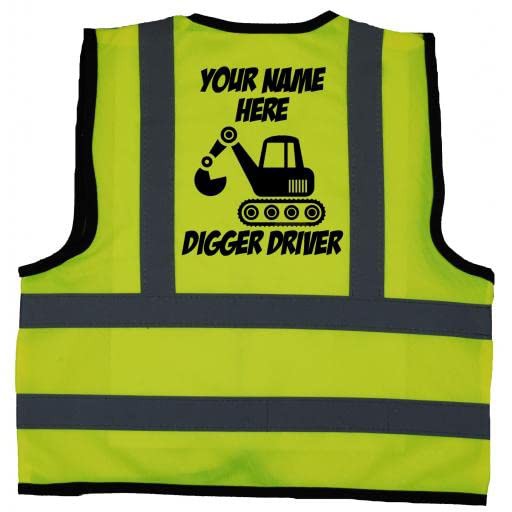 Acce Products Personalised Digger Driver Baby, Toddler, Children, Kids Hi Vis Safety Jacket Vest Size 1-2 Years Yellow Optional Personalised On Front