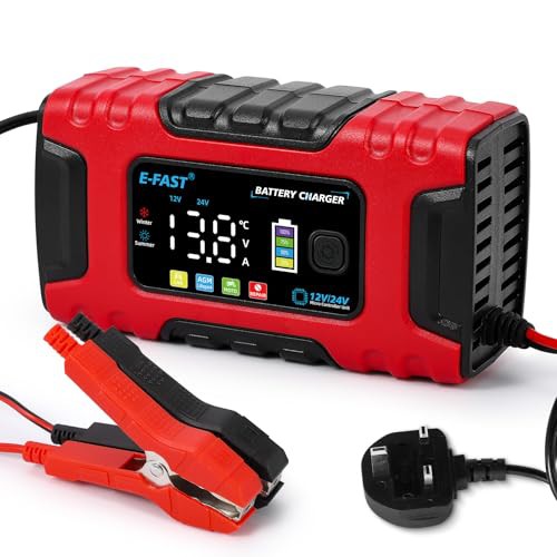 HAUSPROFI 10Amp Car Battery Charger, 12V/24V Automatic Battery Charges with LCD Screen, 7-Stage Charging, Temperature Compensation, Repair Maintain Car Motorcycle Boat AGM Lead-acid, Lithium Battery