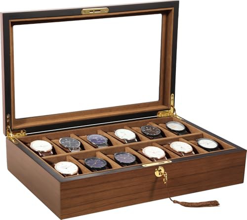 Uten Wood Watch Box with 12 Slots, Watch Case Organizer with Golden Lock and Key, Watch Display Storage Box with Removable Watch Cushions, Velvet Lining, Metal Clasp, Gift for Men & Women