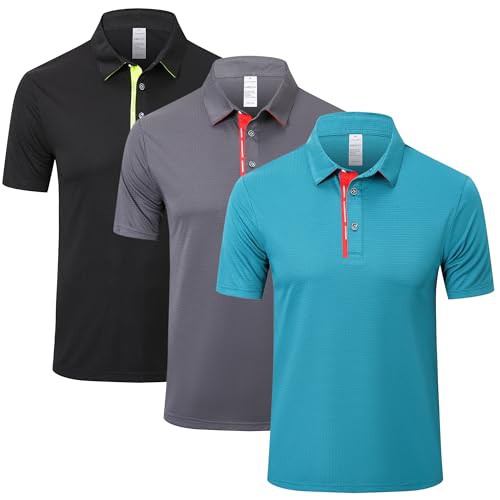 ZENGVEE 3 Pack Men's Polo Shirts Breathable Quick Dry Golf Polo Shirts Color Clash Collar Outdoor Sports Tee Tops with 3 Buttons