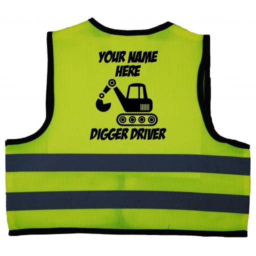 Acce Products Personalised Digger Driver Baby, Toddler, Children, Kids Hi Vis Safety Jacket Vest Size 0-12 Months Yellow Optional text On Front