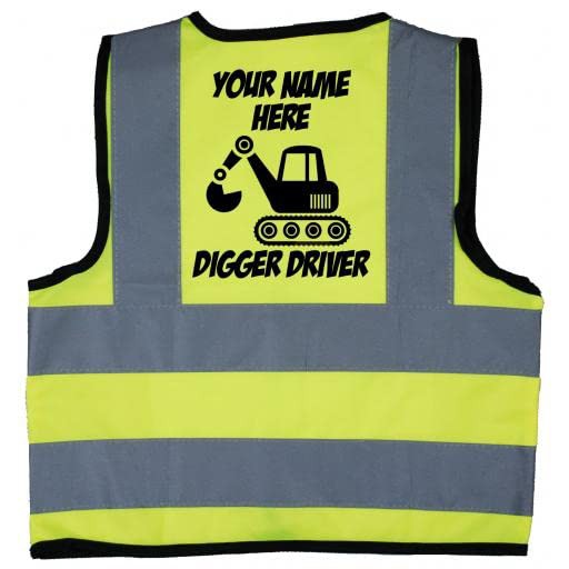 Acce Products Personalised Digger Driver Baby, Toddler, Children, Kids Hi Vis Safety Jacket Vest Size 4-6 Years Yellow Optional Personalised On Front