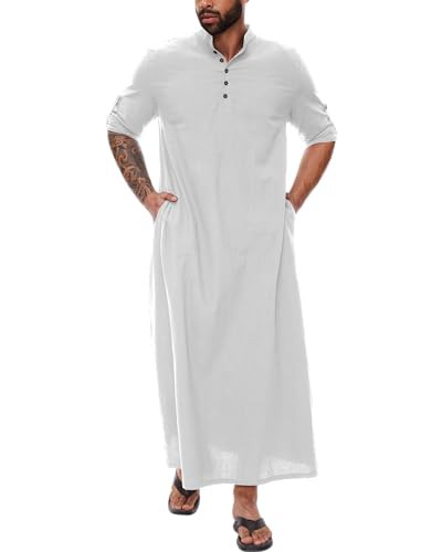 YAOHUOLE Thobe for Men Long Sleeve Causal Button Up Kaftan Robe Abaya Long Gown with Pockets