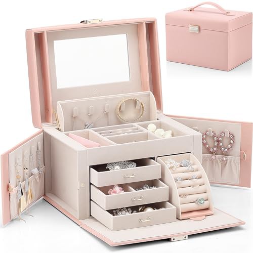 Vlando Large Jewellery Box for Women, High-End PU Leather Mirror Jewellery Boxes with 3 Drawers Jewelry Storage, Earrings, Rings, Necklaces, Bracelets, Brooches, Watches Organiser