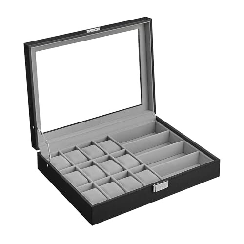 SONGMICS Watch Box, 16-Slot Watch Case, Lockable Watch Storage Box with Glass Lid, Gift Idea, Ink Black Synthetic Leather, Dove Gray Lining JWB112G01