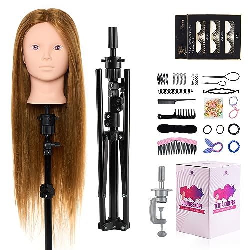 Hairdressing Head with Tripod,50% Real Human Hair 28 Inch Make up Cosmetology Manikin Practice Head with Hair,Braiding Hairdressing Doll Head for Hair Styling with Table Clamp + DIY Hair Styling Set