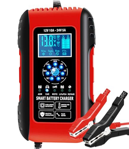 10Amp 12V/24V Car Battery Charger, Automatic Smart Battery Charger with Temperature Compensation, Intelligent Charges, Repairs, Maintains Lead Acid Batteries, Car, Motorcycle, Boat Mower Battery