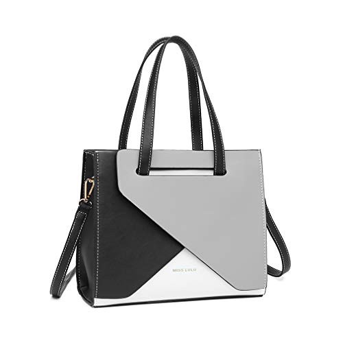 Miss Lulu Handbag for Women Fashion Top Handle Bag,Shoulder Bag, Easy Clean, With Adjustable Shoulder Strap, Can contain 9.7' Tablet,Color Stitching Design, Can switch color block match Grey