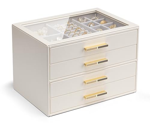 Vlando Jewellery Box with Glass Lid, 4-Tier Jewellery Organiser, Jewellery Storage with 3 Drawers for Watches,Sunglasses, Gift for Women, For Ring, Necklace, Earring, Bracelet