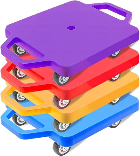 4 Pack Floor Scooter Board with Handles, Colored Sitting Scooter for Kids, Plastic Sport Scooters Play Equipment for Gym, Class, Physical Education, Indoor Outdoor Activities