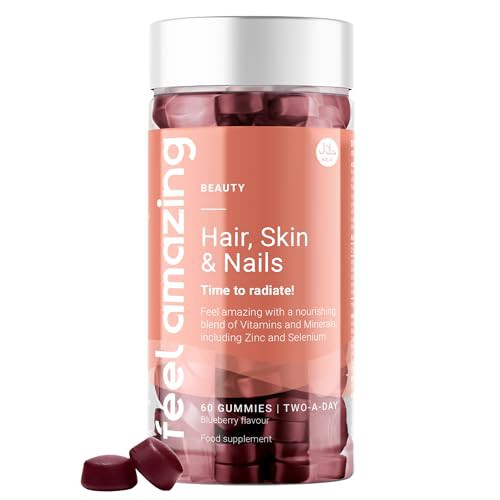 Feel Amazing Vegan Hair, Skin & Nails Complex Gummies - Beauty Support - with Zinc, Biotin, Vitamin C & D - Blueberry Flavour, Vegan, Halal, 60 Gummies, 30-Day Supply 