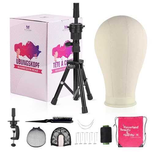 Neverland Beauty & Health 23 Inch Wig Head,Wig Stand Tripod with Head,Canvas Wig Head,Mannequin Head for Wigs,Manikin Canvas Head Block Set for Wigs Making Display with T Pins Set Bristle Brush