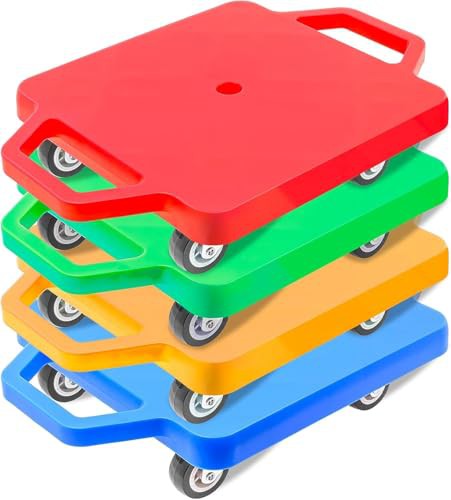 4 Pieces Sports Scooter Board with Handles Plastic Casters Floor Scooter Board Sitting Scooter Board for Gym Indoor Outdoor Activities Play Equipment