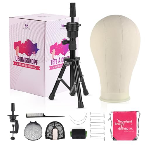 Neverland Beauty & Health 22 Inch Wig Head,Wig Stand Tripod with Head,Canvas Wig Head,Mannequin Head for Wigs,Manikin Canvas Head Block Set for Wigs Making Display with T Pins Set Bristle Brush