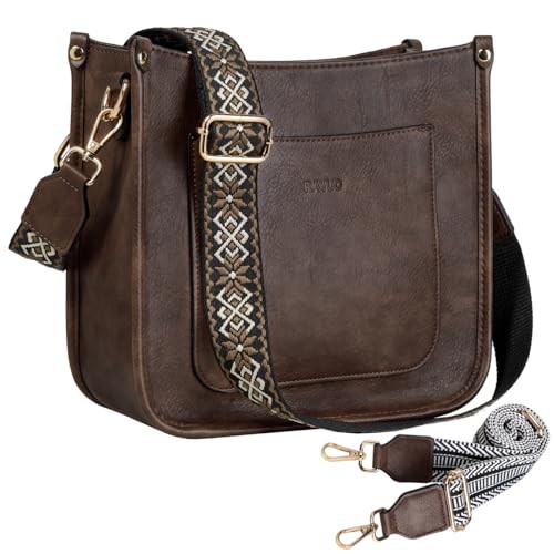 RAVUO Crossbody Bags for Women, Vegan Leather Shoulder Bag Fashion Ladies Handbags with 2 Adjustable Straps Coffee