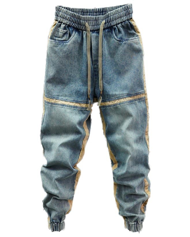 JIER Men's Drop Crotch Joggers Denim Jean Drawstring Hip Hop Pants Fashionable Patchwork Jeans