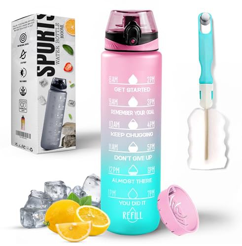 K-MART Water Bottle 1L, Sports Water Bottle with Time Markings, BPA-Free, Leak-Proof Drinks Bottle, Perfect for Running, Cycling, Gym, Yoga, Camping and Outdoor Activities, Pink & Green