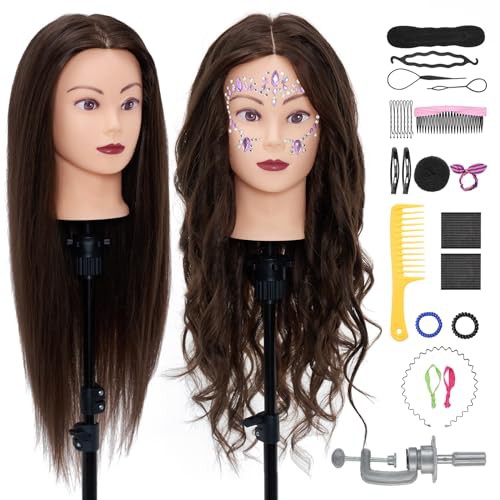 Neverland 28" Training head with 50% Human hair Cosmetology Hairdressing Mannequin Doll Head with table clamp + Hairdressing Tools Accessories Set
