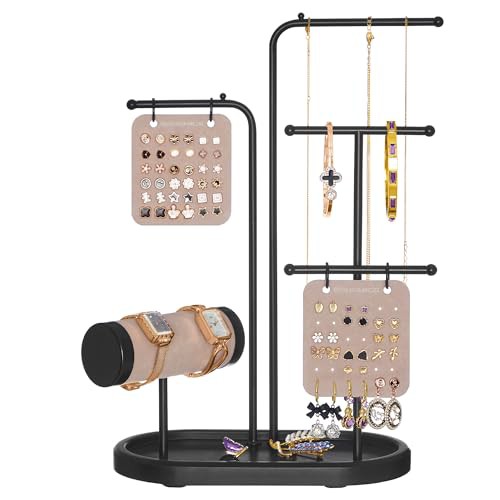 SONGMICS Jewellery Stand, Jewellery Organiser, Jewellery Display Holder with Metal Frame, 2 Earring Boards, 4 Hanging Rods, Necklace Earring Bracelet Holder, for Watches, Ink Black JJS025B01